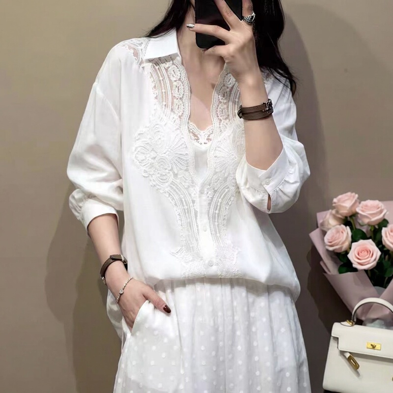 Shenzhen Nanyou Ruixuejia Lazy Style Embroidered Lace Patchwork Ramie Shirt for Women, Loose and Elegant Design Top