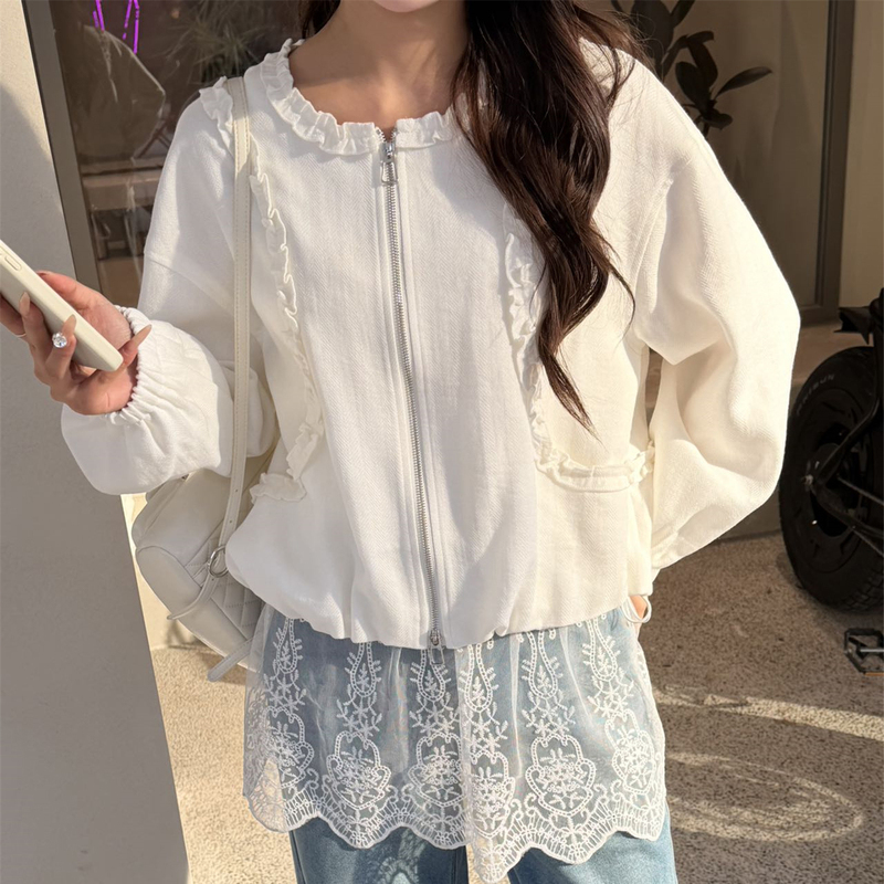 Korean-Style Ruffled Short Jacket for Women 2026 Spring and Autumn Season, with Zipper and Flounce Edges, Versatile and Youthful Top for Petite Figures