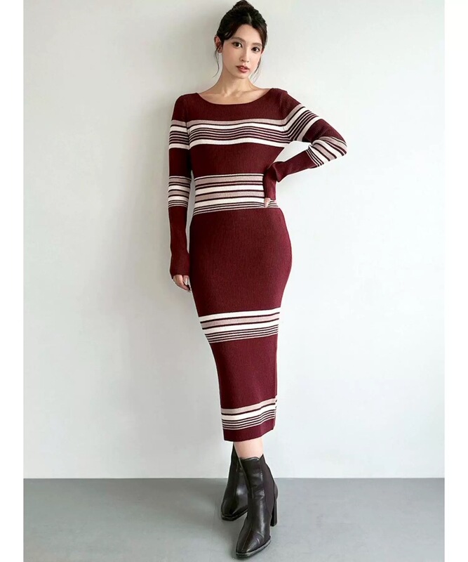 Rese*Y Japanese Retro Striped Knit Dress for Women, New Autumn and Winter Loose Slimming Sweater Dress