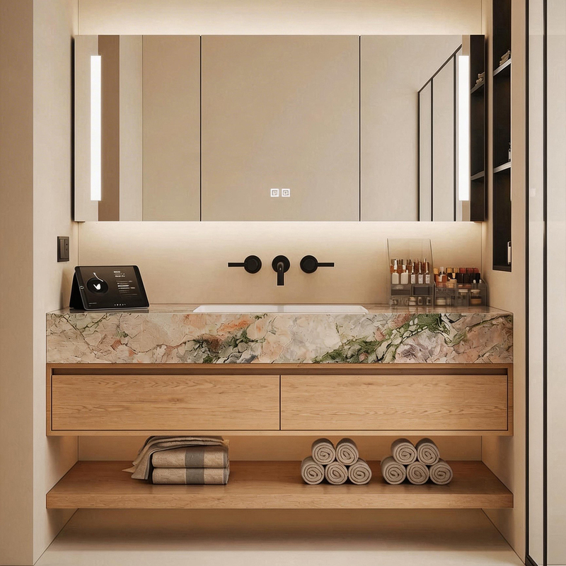Song-Style Aesthetic Bathroom Cabinet with Four-Season Pink-Green Slate and Seamless Ceramic Basin, Oak Washbasin for Washing Face and Hands
