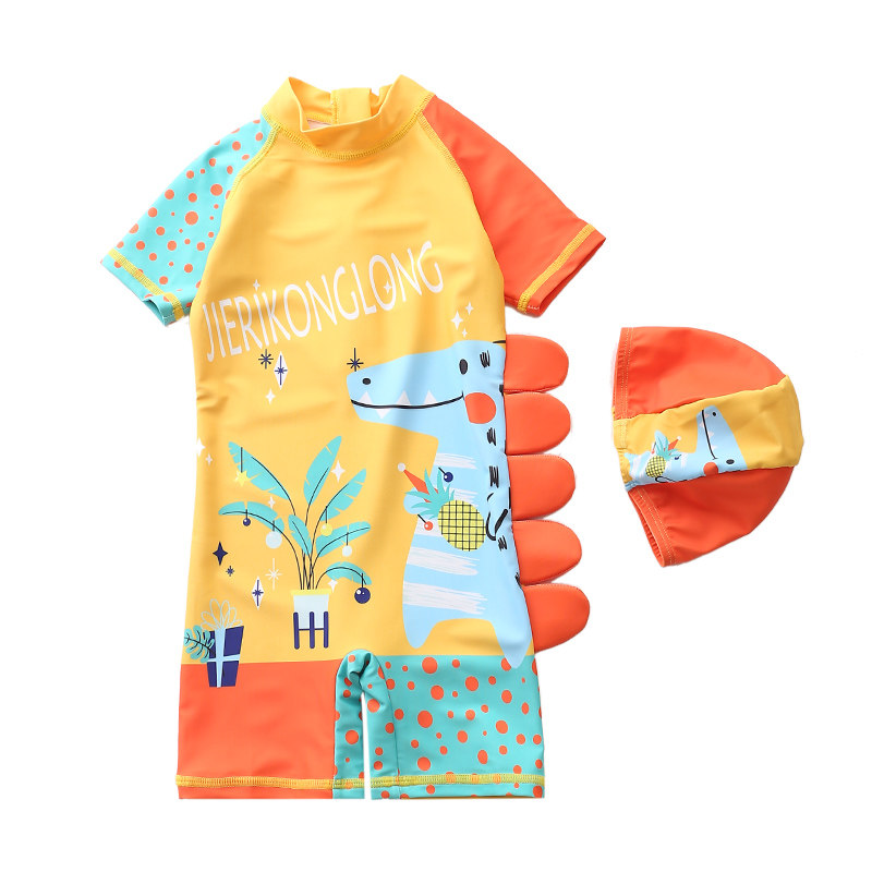 Children's one-piece swimsuit boy cute dinosaur horns swimsuit long sleeve beach suit sunscreen hot spring swimsuit