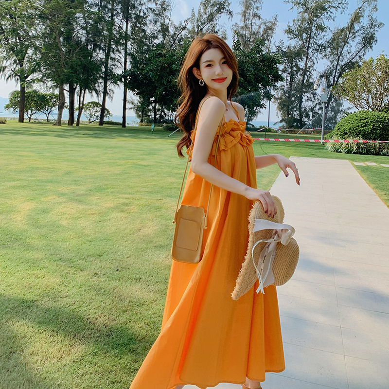 2022 New Loose-Fitting, Flesh-Covering, Mid-Length, Sexy Strapless Yellow Slip Dress, Vacation Style, Large Hem Beach Dress
