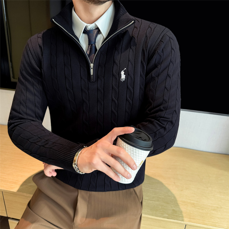 Men's High-End Argyle Sweater with Horse Embroidery, Old Money Style, High-End Commuter Half-Zip Jacket