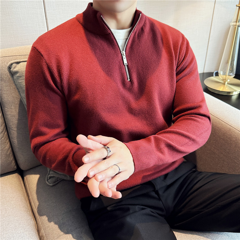 High-End Half-High Collar Zipper Red Sweater for Men, Slim Fit, Solid Color, Business Stand Collar, Casual Black Knit Sweater