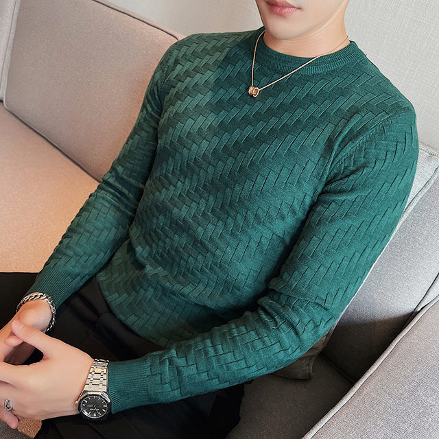 Stretch jacquard knitted sweater men's round neck knitted sweater