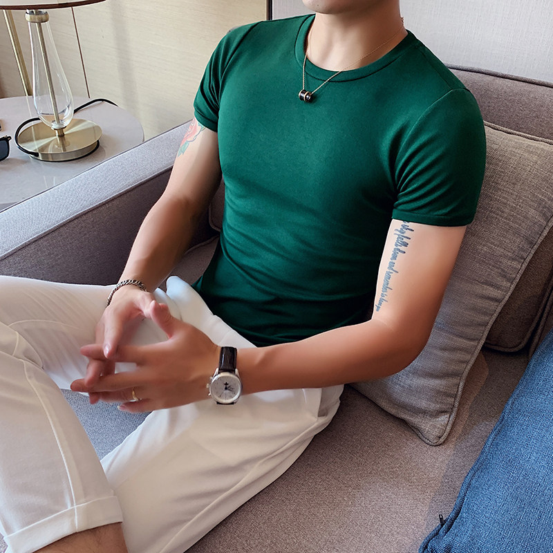 2021 Summer Round Collar Pure color Short sleeves T-shirt Men's Inn Han version Body Beating Undershirt Men's Trendy Summer Clothing Blouse