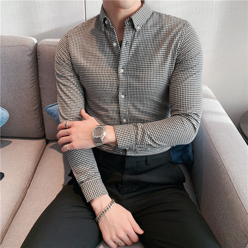 Spring long-sleeved plaid shirt men's slim Korean version of the trendy handsome tide brand business casual men's houndstooth shirt