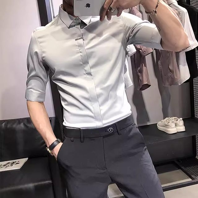 2024 spring and summer solid color shirt long-sleeved men's slim-fitting short-sleeved shirt trendy Korean style elastic mid-sleeve white shirt base