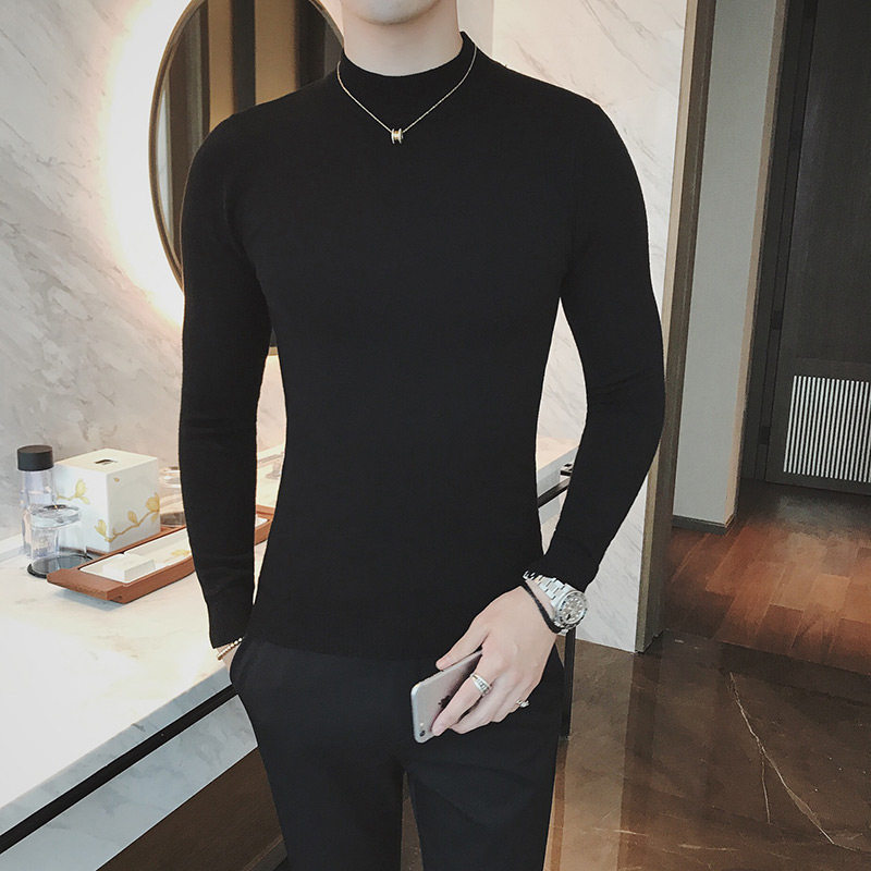 Spring and autumn semi-turtleneck sweater men's Korean version of the personality sweater solid color black sweater sweater men's fashion trend