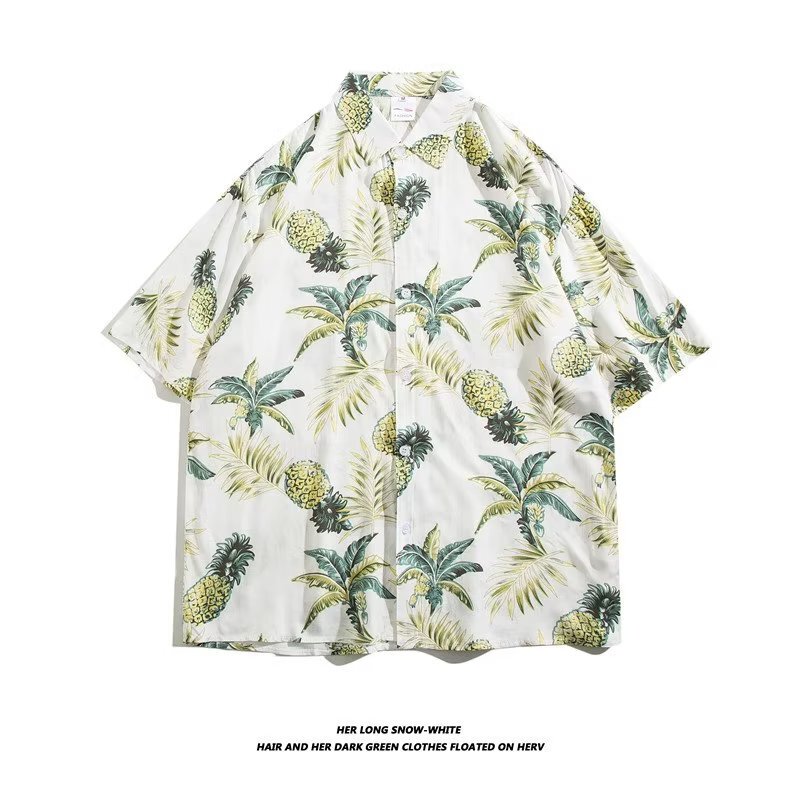 Cotton Pineapple Summer Shirt Men's Artificial Cotton Loose Beach Floral Shirt Hawaiian Seaside Vacation Short-Sleeved Shirt