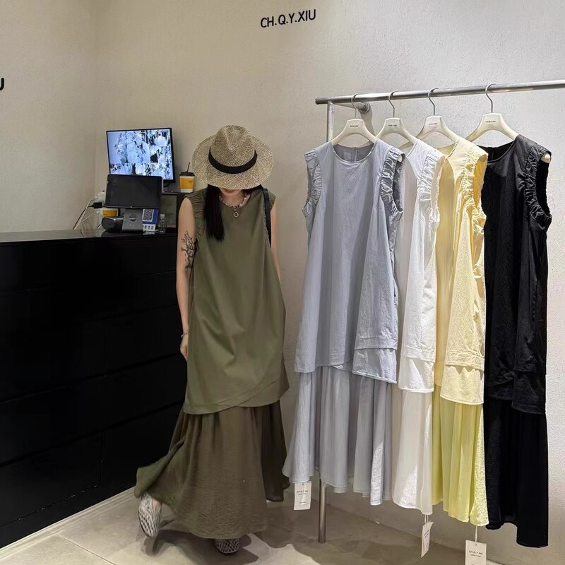 Plus Size Fat Girl 150kg Summer Super Pretty Sleeveless Dress Women's Summer Loose Fake Two-Piece Vest Long Dress 2