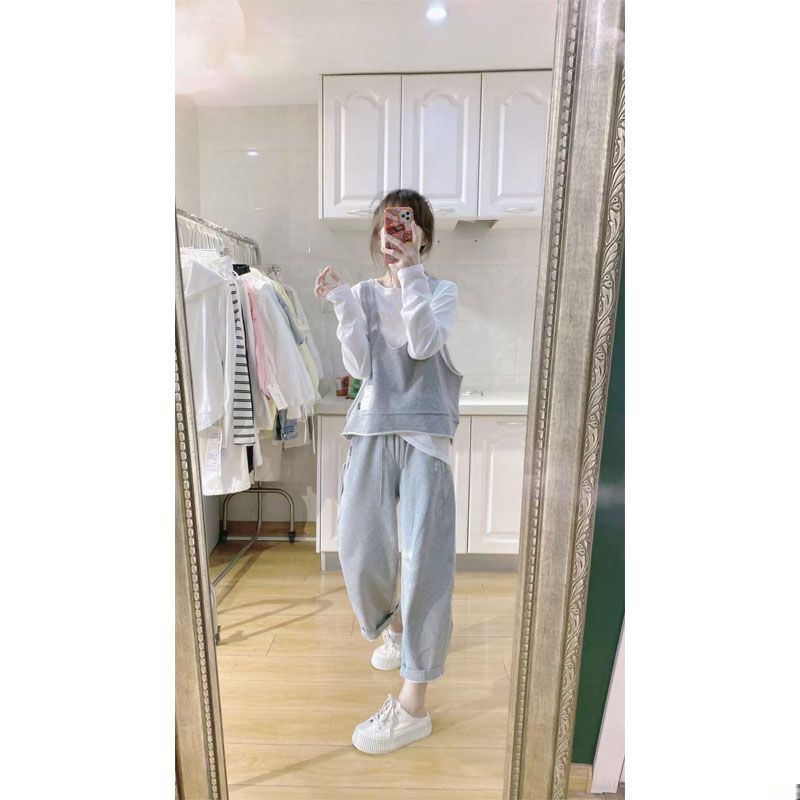 Plus Size Fat mm 150kg European Casual Sports Suit for Women, Spring Layered Vest, Long-Sleeved T-Shirt, Wide-Leg Pants Three-Piece Set