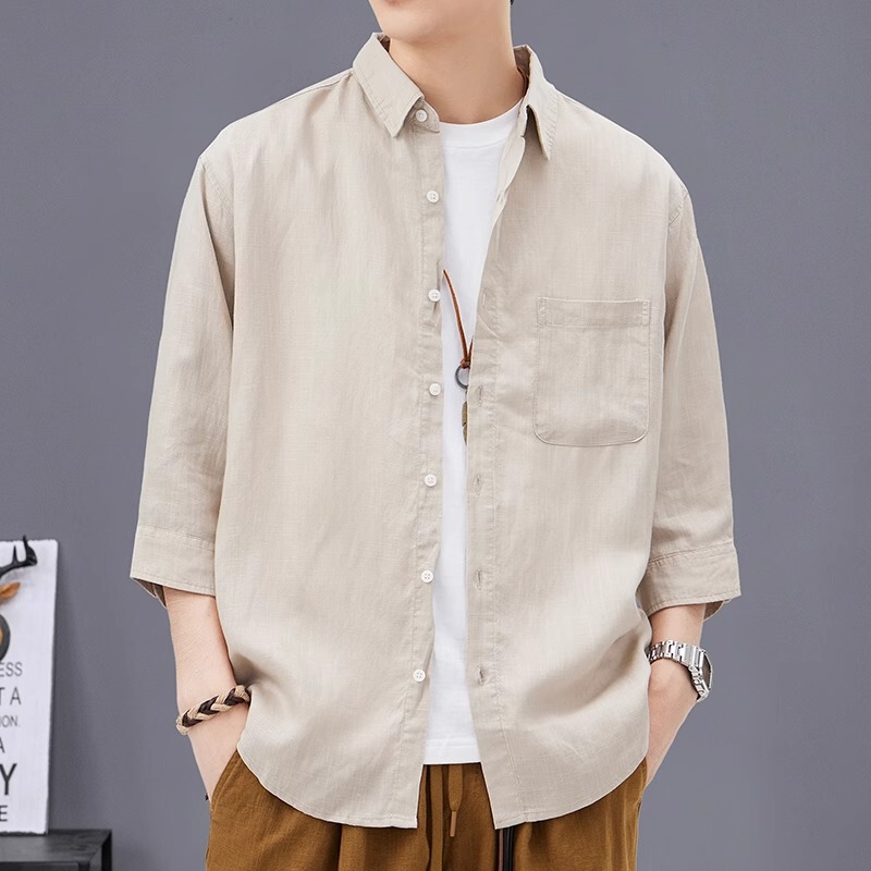 Romon Summer High-End Thin Tencel Linen Three-Quarter Sleeve Shirt for Men, Japanese Style Loose and Simple Men's Shirt Jacket