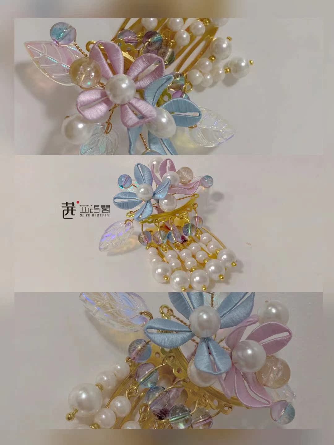 Original design purple and blue color matching colored glaze tassel and flower comb can be matched with Hanfu Chinese element cheongsam