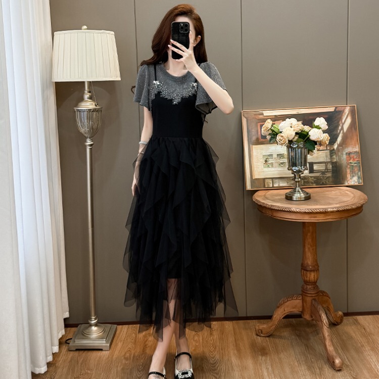 Plus-Size Korean Style Irregular Tummy-Covering Mesh T-Shirt Dress for Fat Women, Summer High-End Versatile Color-Blocking Slimming Dress