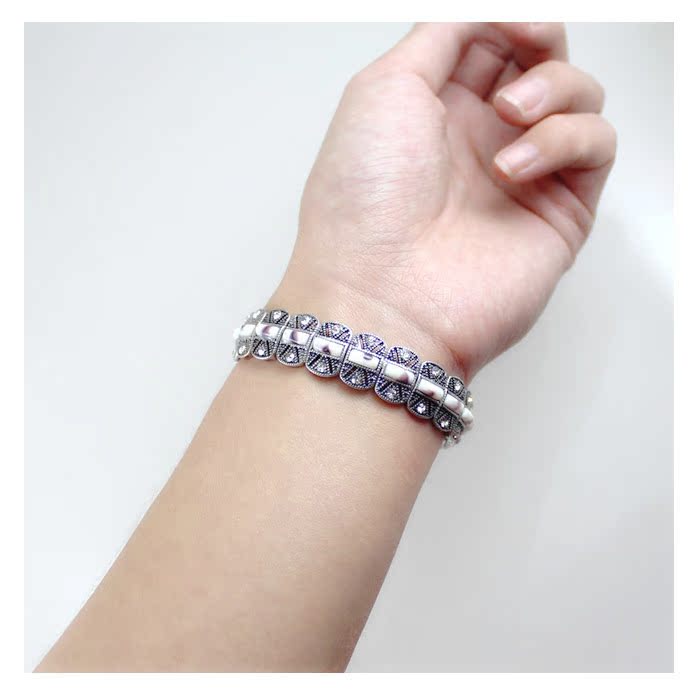 99 carat Phong cách trang sức châu Âu và Mỹ kết cấu retro bạc rỗng in flash khoan vòng đeo tay đàn hồi nữ (PR) chuỗi đeo tay