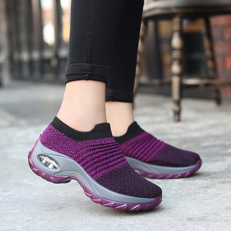Outdoor Casual Shoes Women Spring Net Face Breathable Slope Heel Bodybuilding Shoes Middle Aged Mother Shoes Air Cushion Tourist Shoes Big Size