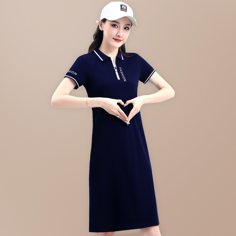 Short-Sleeved Polo Shirt T-Shirt Dress for Women, Summer Mid-Length, Versatile, Age-Reducing, Slimming, Casual Tennis Dress, Sports Dress, Cotton
