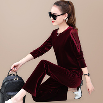 Velvet suit womens round neck loose sweater two-piece slim Korean version of gold velvet casual sportswear womens spring and autumn