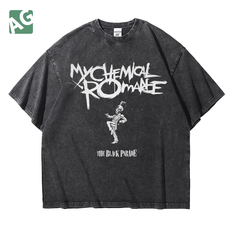 Chemical Romance Mcr European and American Punk Band Vintage Washed Heavy Loose Cotton Short-Sleeve Unisex T-Shirt for Summer