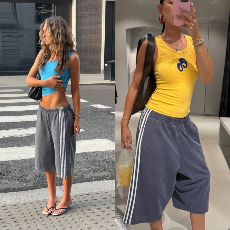 Jhz American Retro Sports Hottie Loose Shorts with Four Stripes Front and Back, Charcoal Gray Sports Pants, Low-Waist Capri Pants