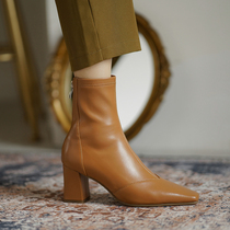  Givenivan small square head high-heeled booties womens brown Korean version of thick heel elastic thin boots mid-tube mid-heel 7cm