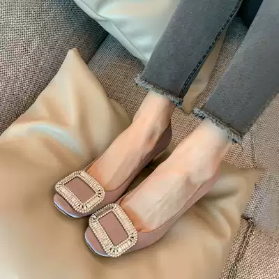 Givenivan inadvertent romantic ~ square button high heels women's new thin heel satin rhinestone square head shallow mouth