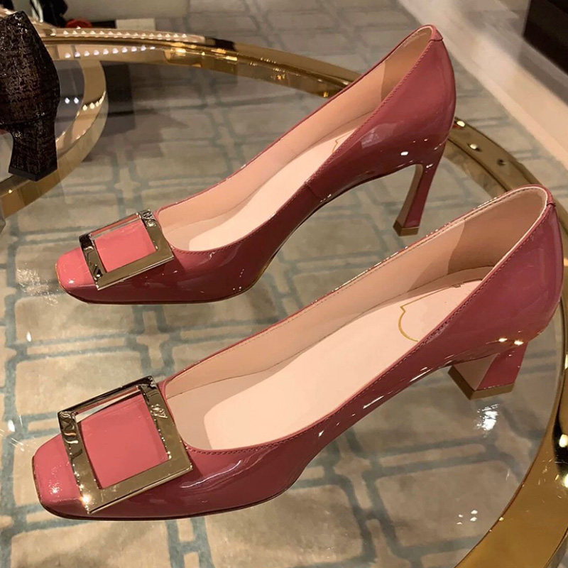 Goddess of givenivan recommended @ dry rose color ~ lacquered leather square head high heel shoes female wedding shoes square buckle shallow mouth