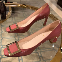  Givenivan goddess recommended@Dry rose color~ Patent leather square head high heels womens wedding shoes square buckle shallow mouth