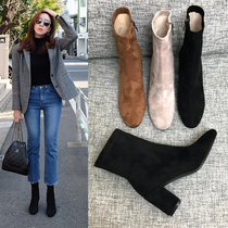  Givenivan autumn and winter all-match~Black side zipper high-heeled Korean booties womens thick heel 2021 new square head