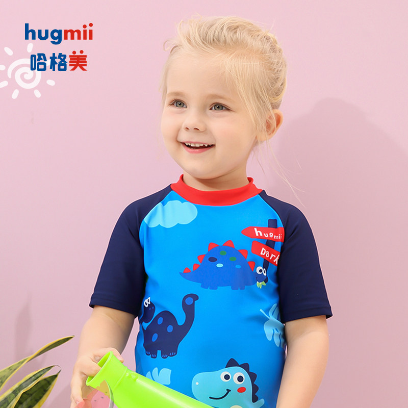 hugmii Children's swimsuits for boys and girls one-piece flat corner print Spa pirate exclusive medium and large children small baby swimsuits