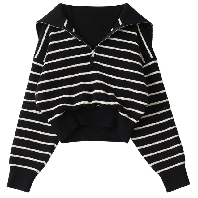 CHICVEN explore self early spring new simple pullover false two-piece striped long-sleeved knitted sweater women