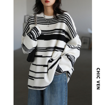 CHICVEN endless migration anti-needle design ~ Street leisure loose irregular stripe sweater women autumn and winter