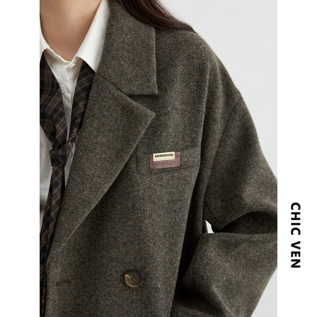 CHICVEN Blurred Border Winter New Style Korean Wool Blazer Mid-Length Maillard Coat