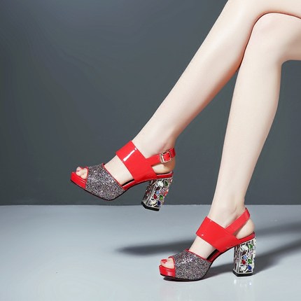 2018夏新款凉鞋女高跟鱼嘴鞋真皮粗跟亮片水