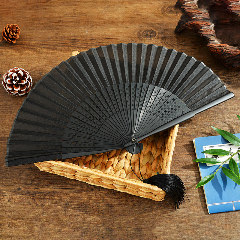 Chinese wind men's and women's ancient costume fan ancient Hanfu portable tassel small folding fan black 7 inch 23cm dance fan