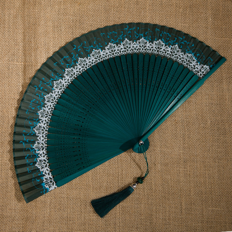 Antique Hanfu portable fan female model cheongsam catwalk fan Chinese style classical dance folding fan dark green