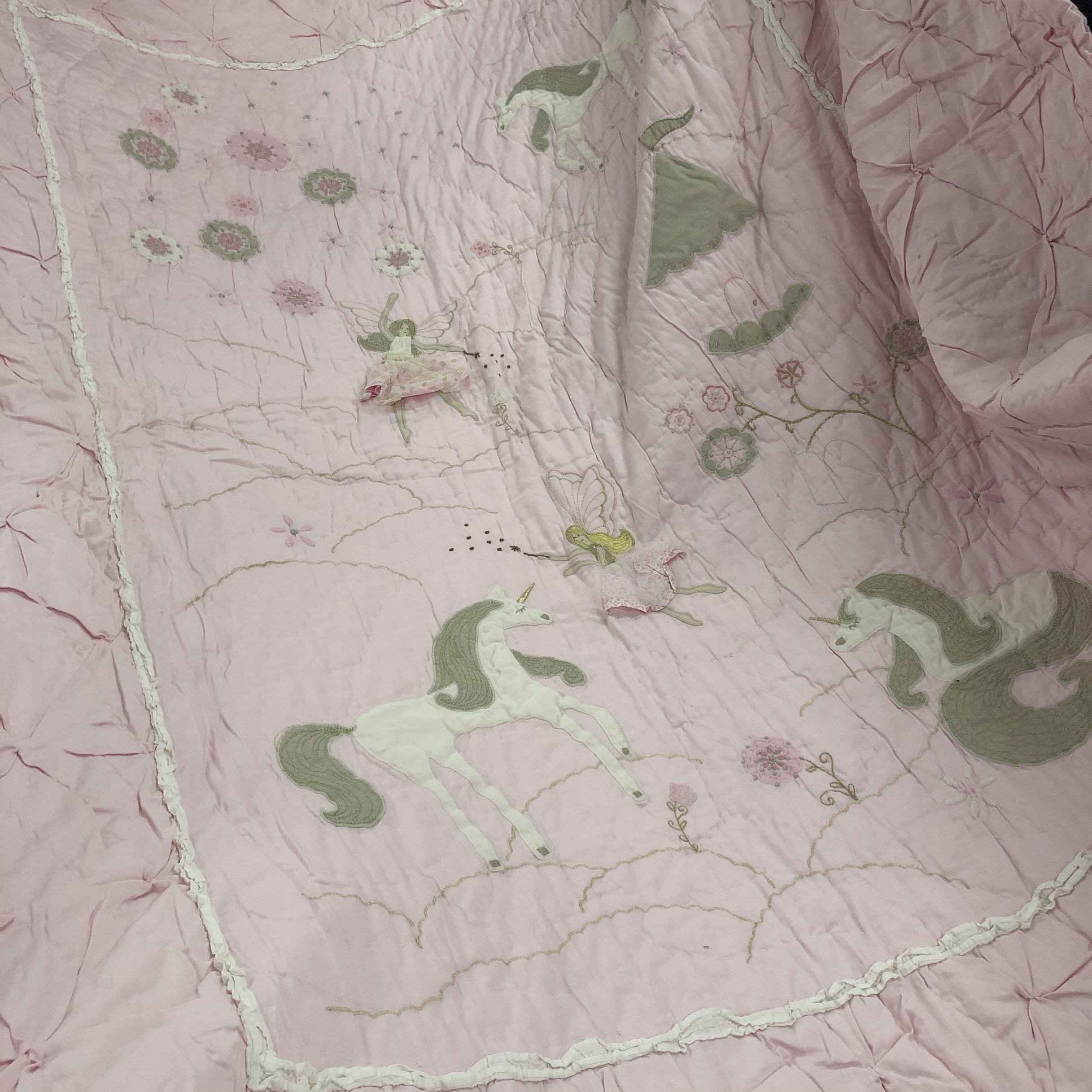 Flawless original single pink unicorn quality good in kind look with cloth appliquted and embroidered by hand quilted quilted by