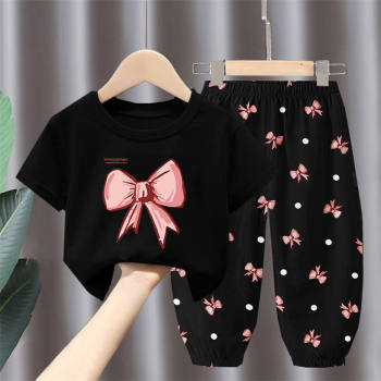 Girls summer dress fashionable T-shirt set children's bow foreign style new small and medium-sized children's baby cotton clothes two pieces