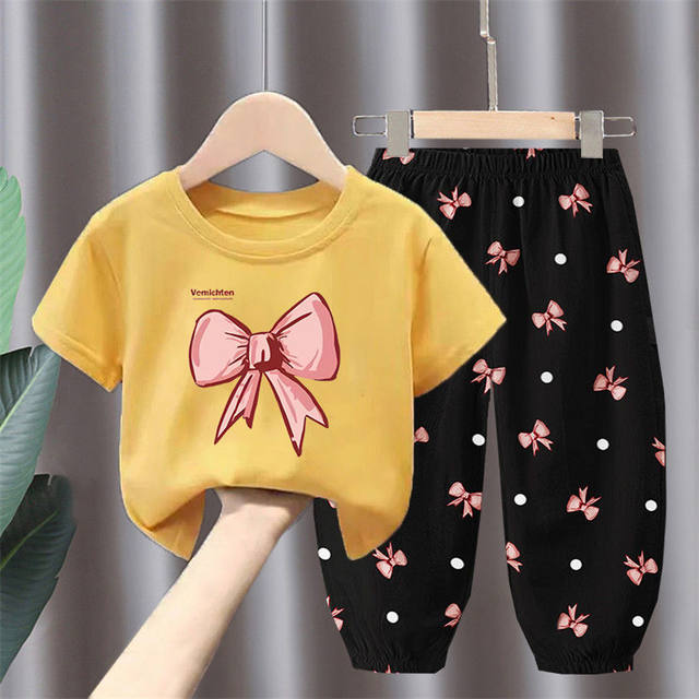 Girls summer dress fashionable T-shirt set children's bow foreign style new small and medium-sized children's baby cotton clothes two pieces