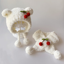 Baby hat autumn winter style 0-6-12 months newborn baby thickened suede handmade cherry protective earthen cap scarf