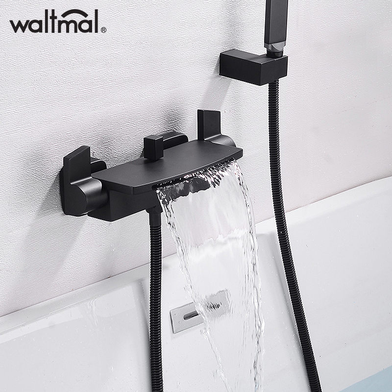 Watma wall-mounted bathtub tap matt black silver-color copper large waterfall shower shower faucet