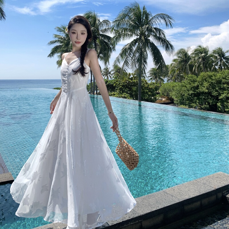 Jacquard Moonlight Brandy Suspender Dress, New Summer Style, Waist-Cinching Long Dress, Suitable for Taking Photos at the Beach