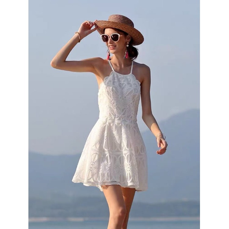 Bali Seaside Vacation Beach Dress for Women, Summer Petite Island Travel Outfit for National Day, Sanya Backless Dress