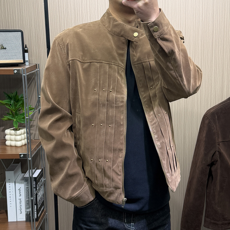 Diviner American Retro Brown Suede Harrington Stand Collar Jacket Unisex Melard Suede Couple's Coat