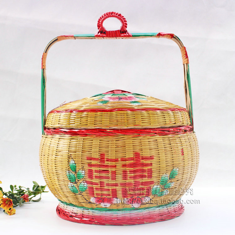 30cm Chaoshan Wedding Double Happiness Painted Flower Basket Flower Girl Handwoven Bamboo Basket Flower Basket Portable Wedding Candy Basket