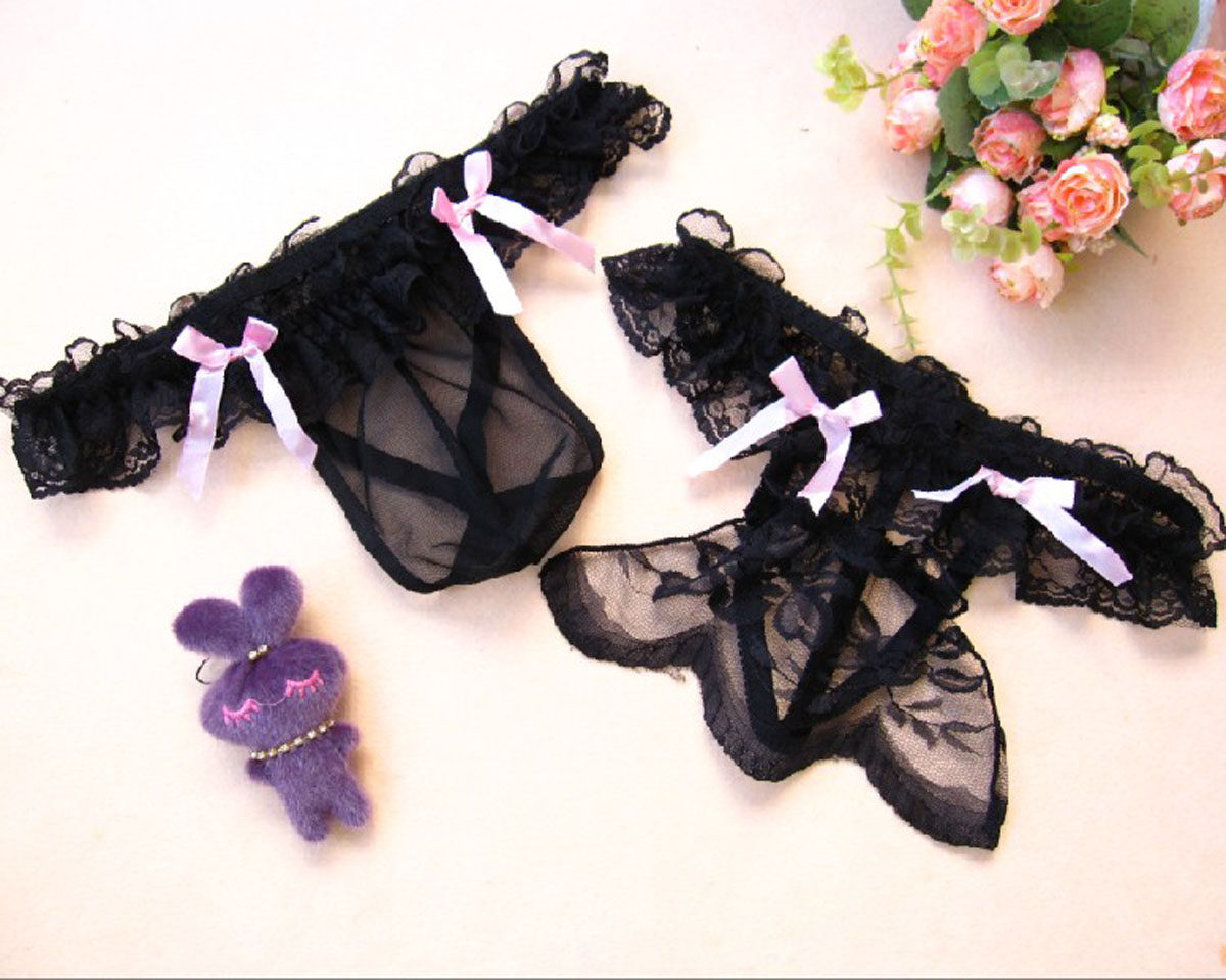 New couple Tiny pants Sexy Black Student Japanese Cute Pseudo-Pussy Full Transparent Lace Fire Hot Tzi Underwear