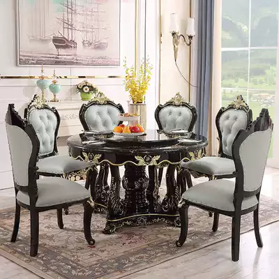 European-style round dining table combination luxury Ebony light luxury all solid wood carved marble dining table and chairs American household dining table