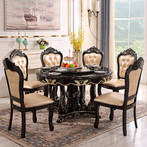 European-style round dining table combination Luxury ebony light luxury all solid wood carved marble dining table and chair European-style household dining table