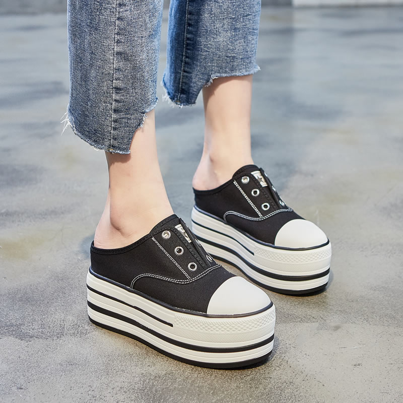 South Korea Soft Bottom Sailor Cloth Shoes Women Wear no heel Baotou Mid-drag Inner heightening Leisure thick bottom One foot pedal pine pastry shoes